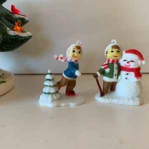 2 Vintage Christmas hard plastic ornaments  Boy with tree/with snowman Hong Kong